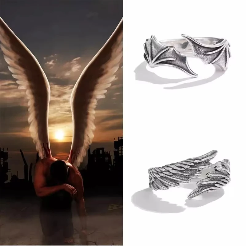 FTCY 2 Pcs Vintage Angel Devil Wings Adjustable Rings for Men Women Hip Hop Retro Silver Color Couples Rings Party Gifts Jewelry