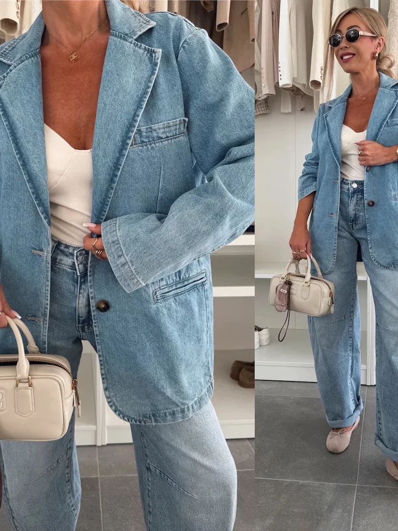 

Loose Fit Casual Blue Denim Women's Suit Jaet Youth Faion Autumn Season Long Sve ort Coat Casual Wear by No Brand