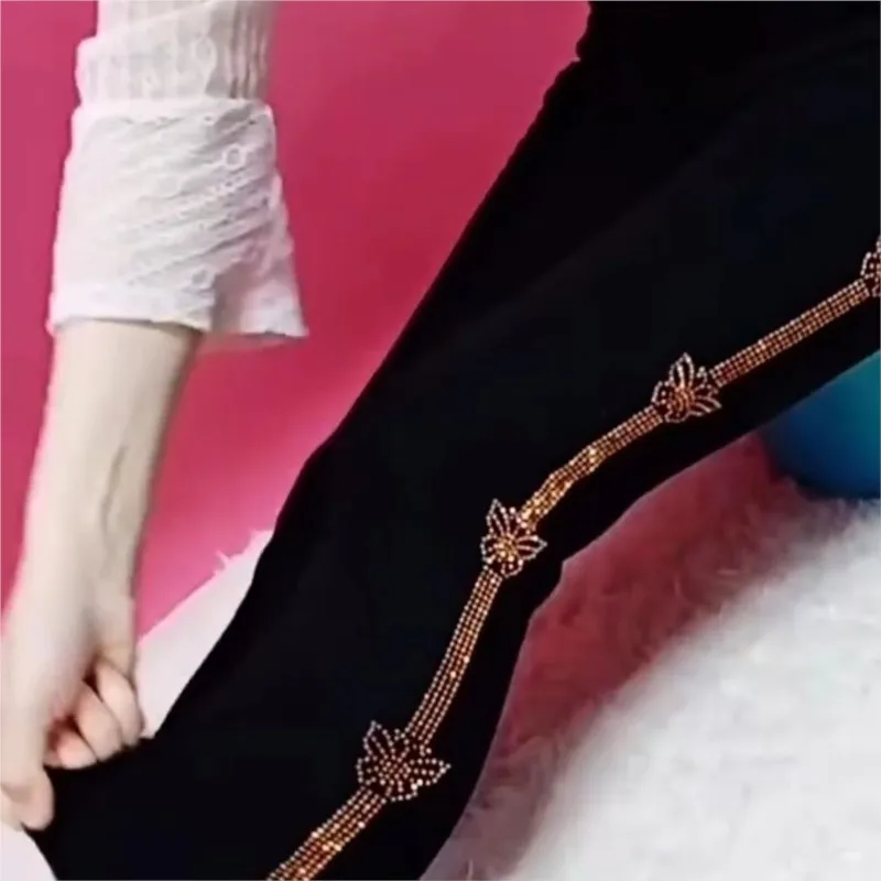 Plus Size High Waist Stretch Rhinestone Leggings Trousers Women Autumn Winter Warm Slim Shaping Elastic Pants