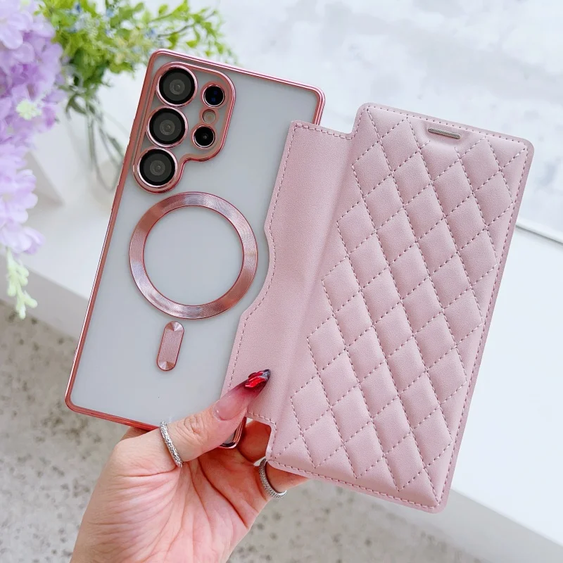 

Case For Samsung Galaxy S25 S24 S23 S22 Plus Ultra FE Edge Magnetic Embossed Grid Pattern Leather Full Protective Plating Cover