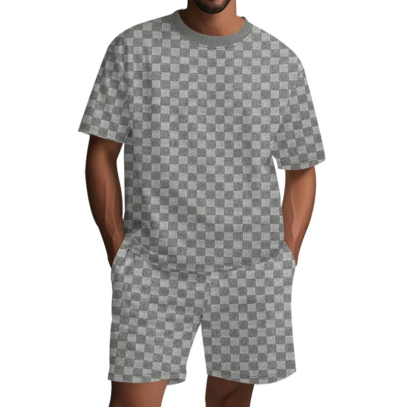 

New cross-border European and American jacquard checkerboard men's summer suit solid color casual short-sleeved shorts suit