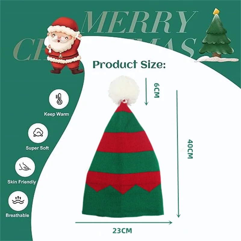 BeQeuewll Women Men Knitted Santa Hat Soft Striped Christmas Beanies Winter Warm Caps for Streetwear Clothing Accessory