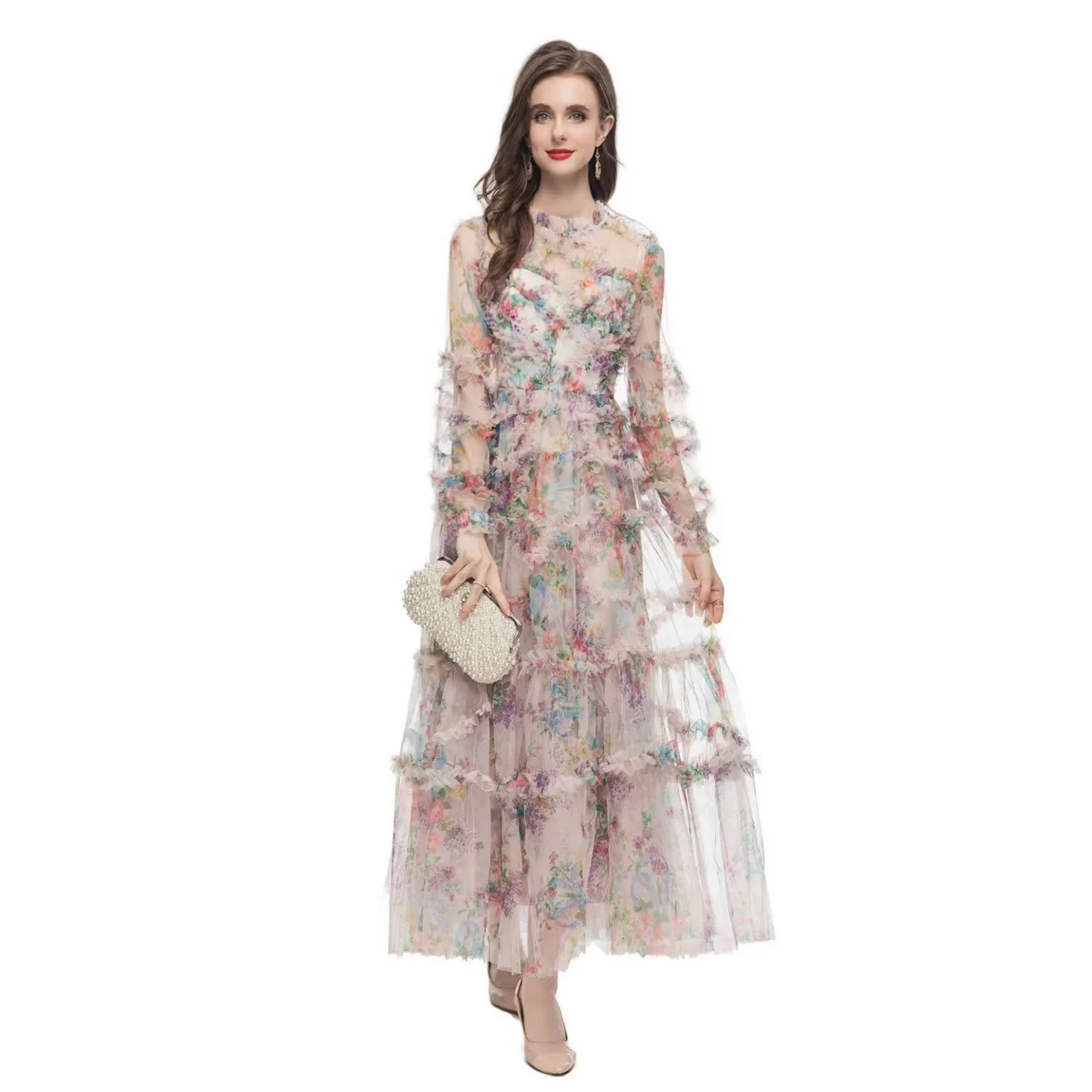 2024 Fashion Designer Dress Spring Women's Dress Lantern Sleeve Mesh Print Cascading Ruffle Vacation Ball Gown Dresses