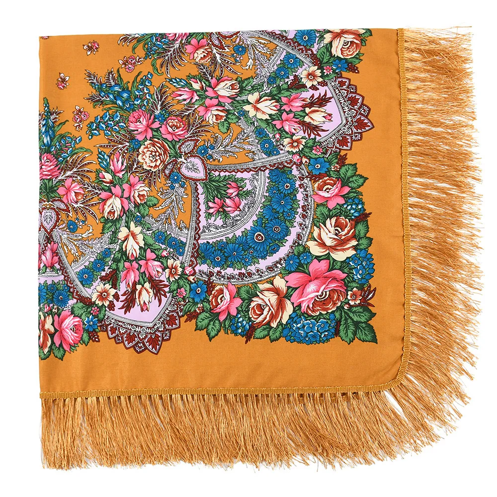 135*135cm Ethnic Style Russian Scarf Women Luxury Floral Print Square Scarves Fringed UKrainian Shawl Bandana Head Wraps