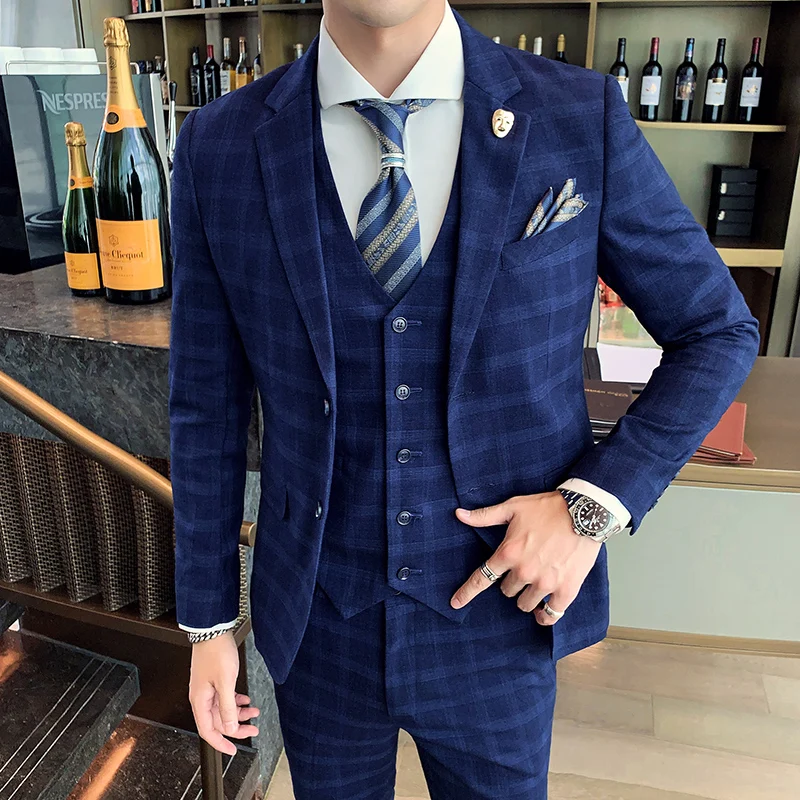 Plaid  (suit + Waistcoat + Trousers) Wedding Dress Fashion and Handsome Fashion British Style Slim-fit Business Three-piece Set