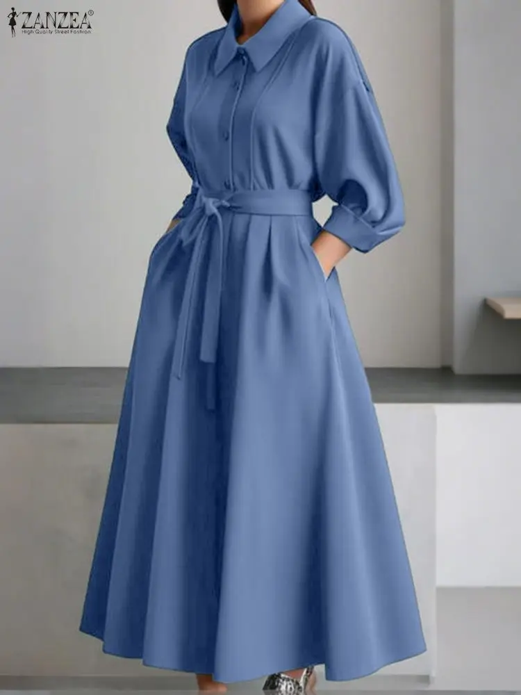 

ZANZEA Plus Size Belted Maxi Dresses Women Stylish Long Sleeve Lapel Half Buttons Solid Color Pleated Long Dress Streetwear 5XL