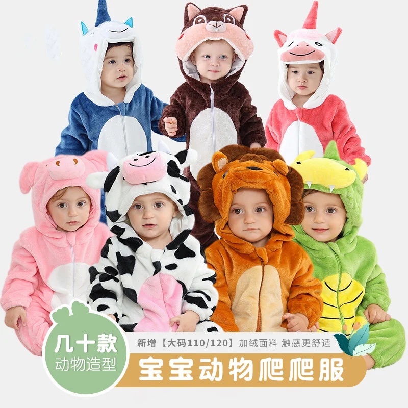 Baby cosplay animal climbing suit cartoon flannel unisex baby jumpsuit unicorn rabbit dinosaur pajamas pure cotton baby unisex b