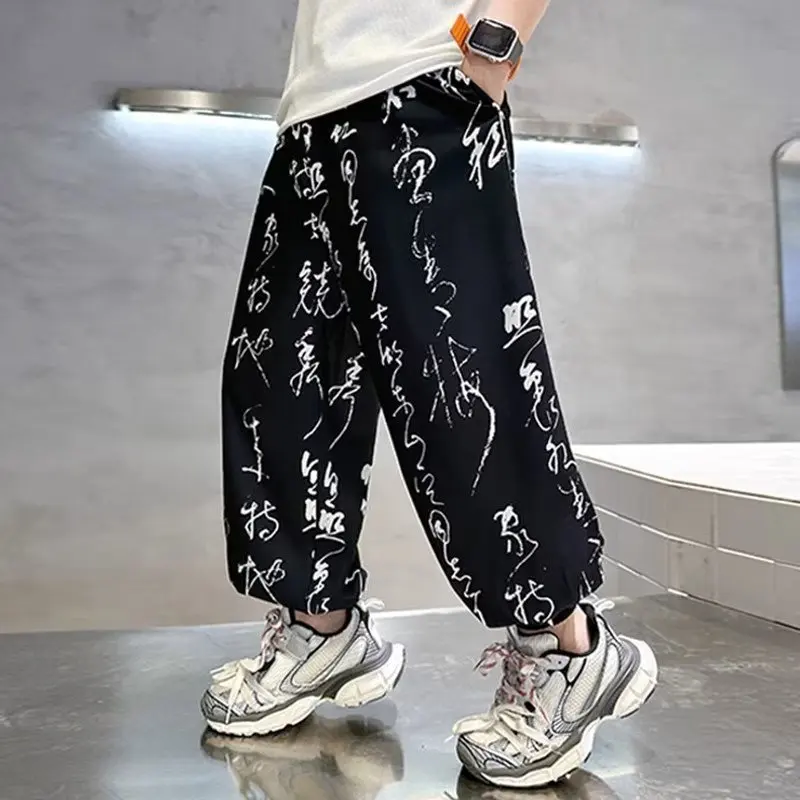 

The Trend Of Children's Summer Lightweight And Breathable Pants With Traditional Chinese Style Calligraphy And Ice Silk Leggings