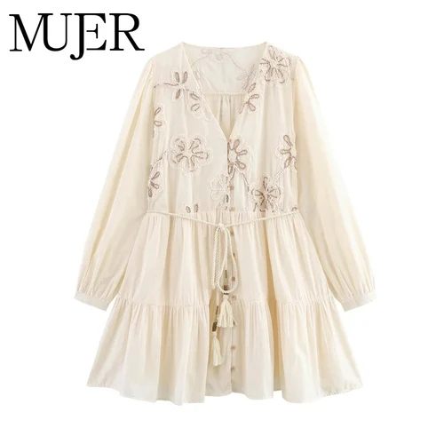 Imagen 1 del producto MUJER Mini vestido bordado de flores para mujer, vestidos cortos plisados con borlas para mujer, vestido de playa de verano para mujer, vestido bohemio para mujer