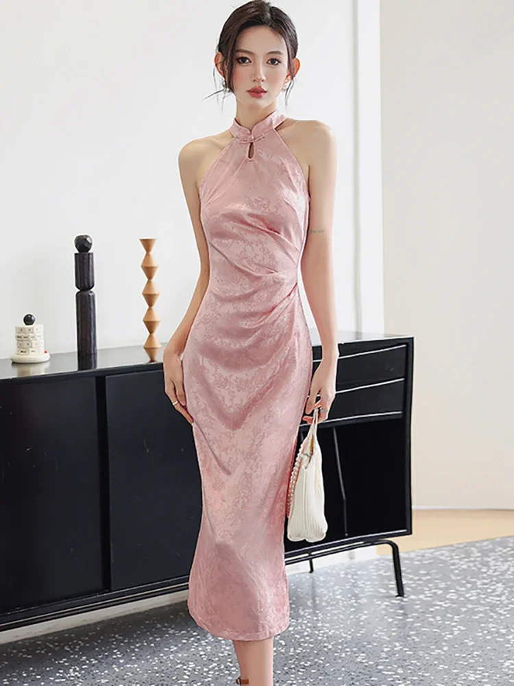 Women Pink Acetate Satin Elegant Jacquard Long Dress Summer Sleeveless Chic Neck-mounted Dress 2024 Korean Luxury Evening Dress