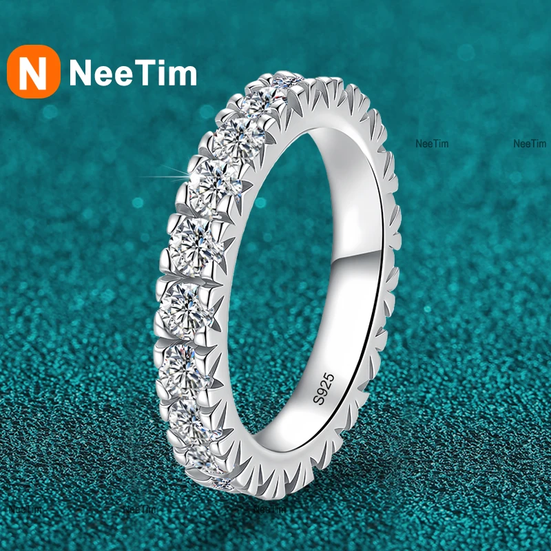 NeeTim Full 3mm Moissanite Wedding Band Ring 925 Sterling Silver with Gold Plated Eternity Band Engagament Rings Wholesale