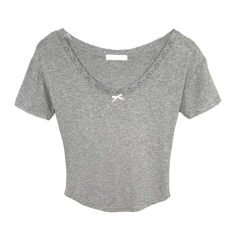 韓国東大門レディースレーススプライススリムTシャツ夏セクシー半袖クロップトップトレンディホットガール万能レディースTシャツ