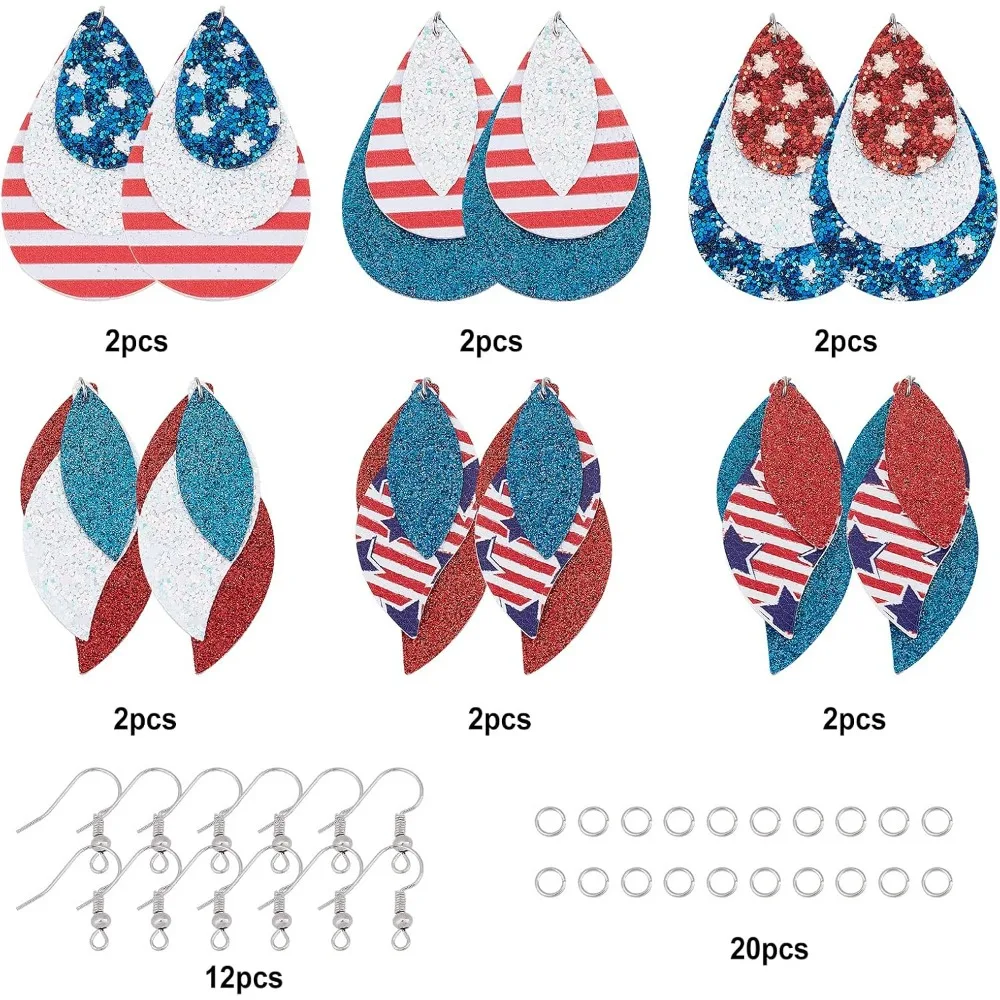 44Pcs DIY 6 Pairs Faux Leather Charms Three Layer Teardrop Charm Earring Making Kit Independence Day USA Charms American Flag