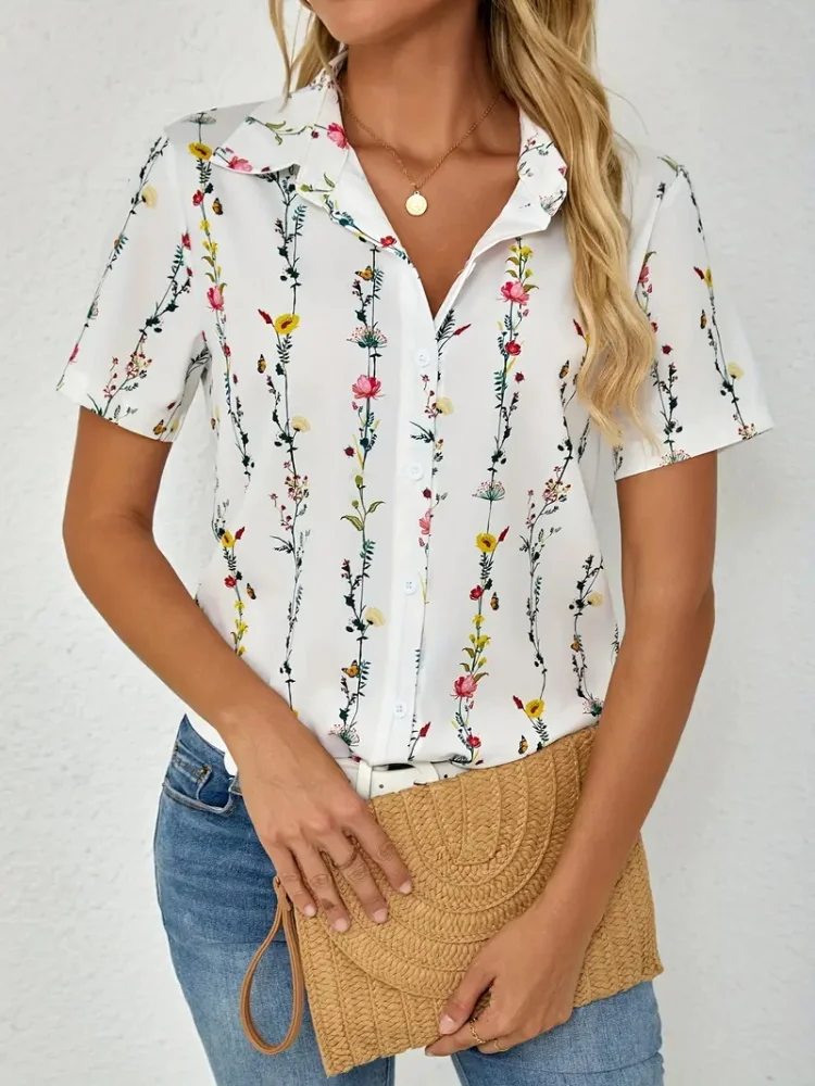 

Лето 202, женские рубашки с короткими рукавами и цветочным полосатым принтом для модных и повседневных летних каникул