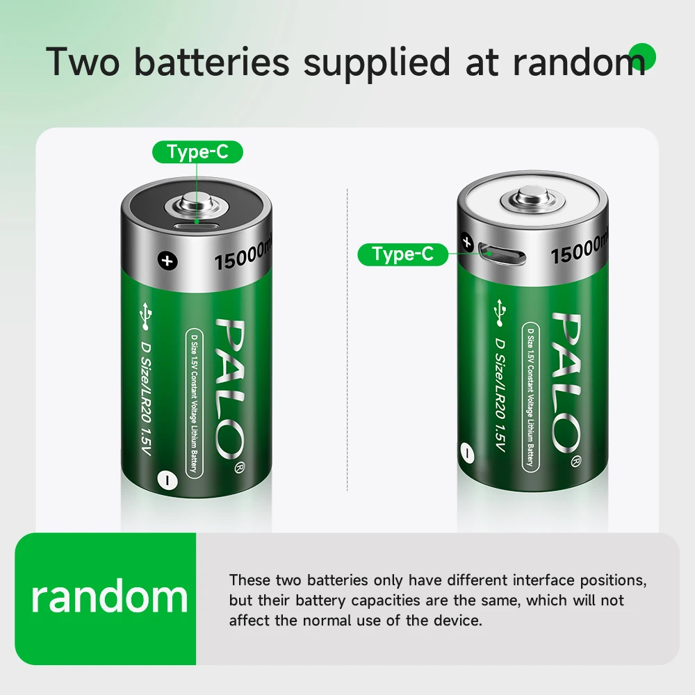 1.5V USB LR20 Battery Rechargeable R20 15000mWh D Size Type Batteries + Type-C Cable for Gas Appliances Liquefied Cooker Li-ion