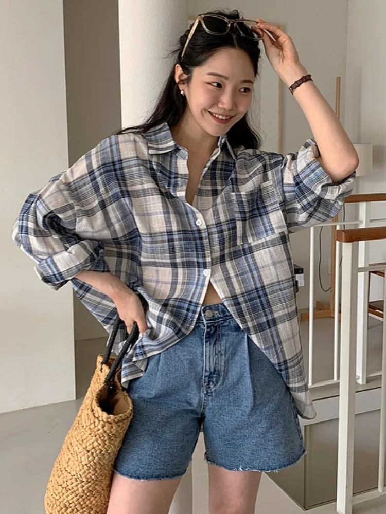 Chic Autumnal Loose Casual Long Sve Plaid Cotton Linen irt Women's Turn-down Collar Color Blo Lazy Sle Versatile Top