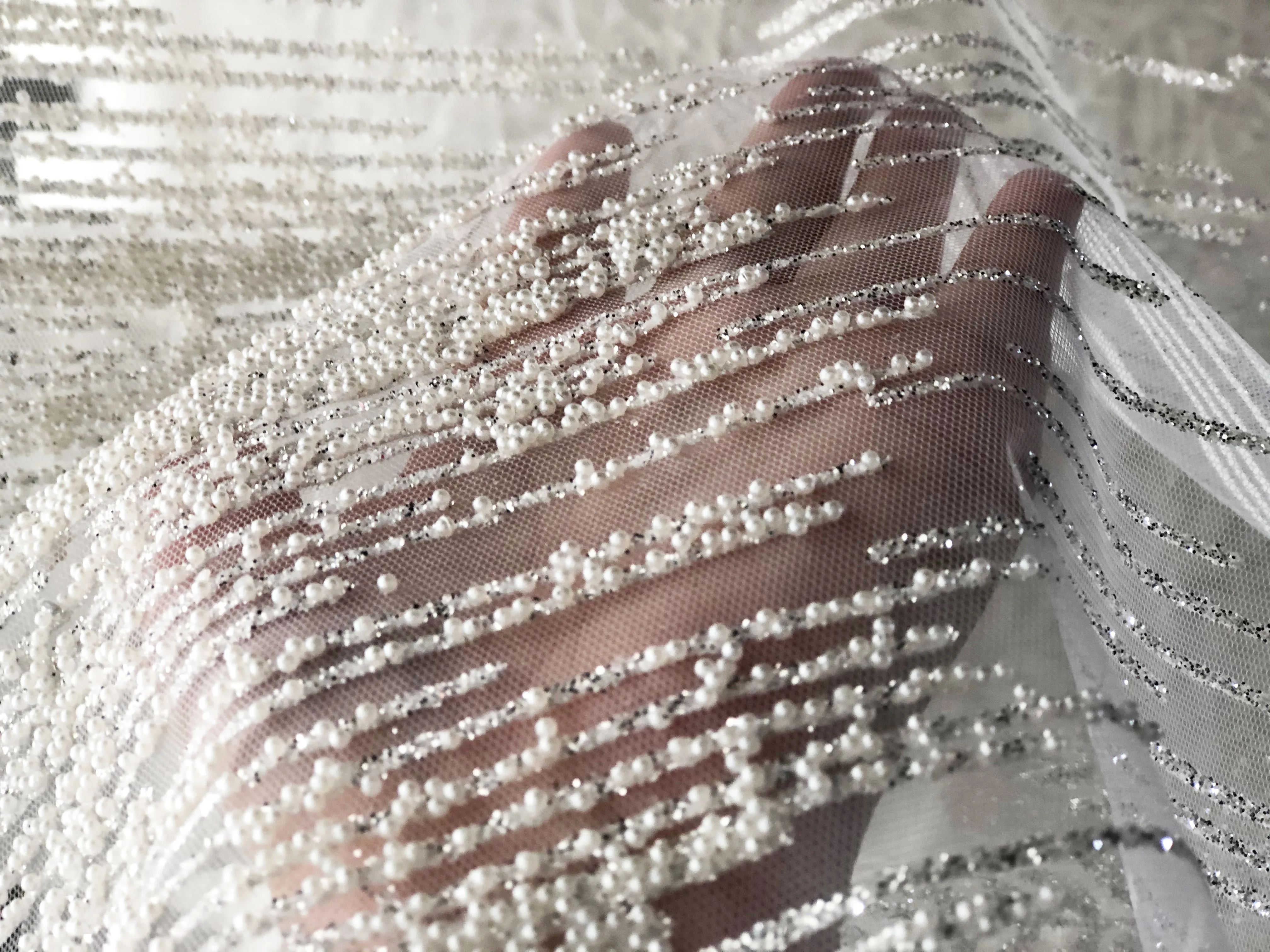 W150cm 1meter/lot (Beads will drop)White Mesh Pearl Decoration Lace Fabric Wedding Dress Clothes Veils Sewing Fabric SC224