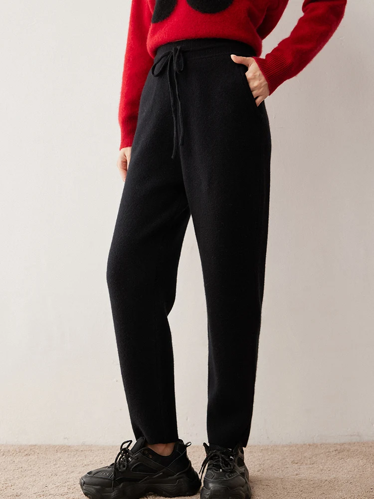Potloodbroek Warm Zacht 100% Kasjmier Gebreid Slim Fit 2025 Nieuwkomers Zak Trekkoord Elastische Tailleriem Dames Dik Lang