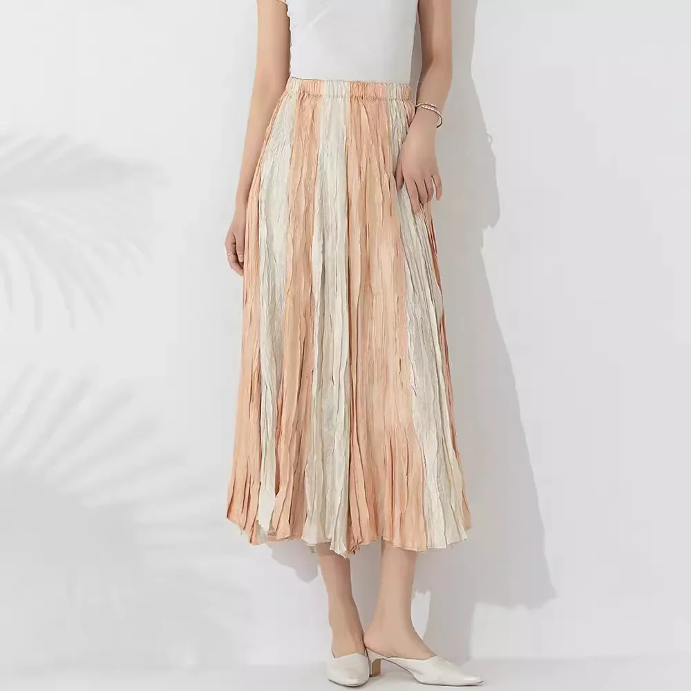 

Miyake Pleated High-end Temperament New Color-blocked Skirt High-waisted Pleated Large Skirt Elegant Fashion Loose Skirt Women