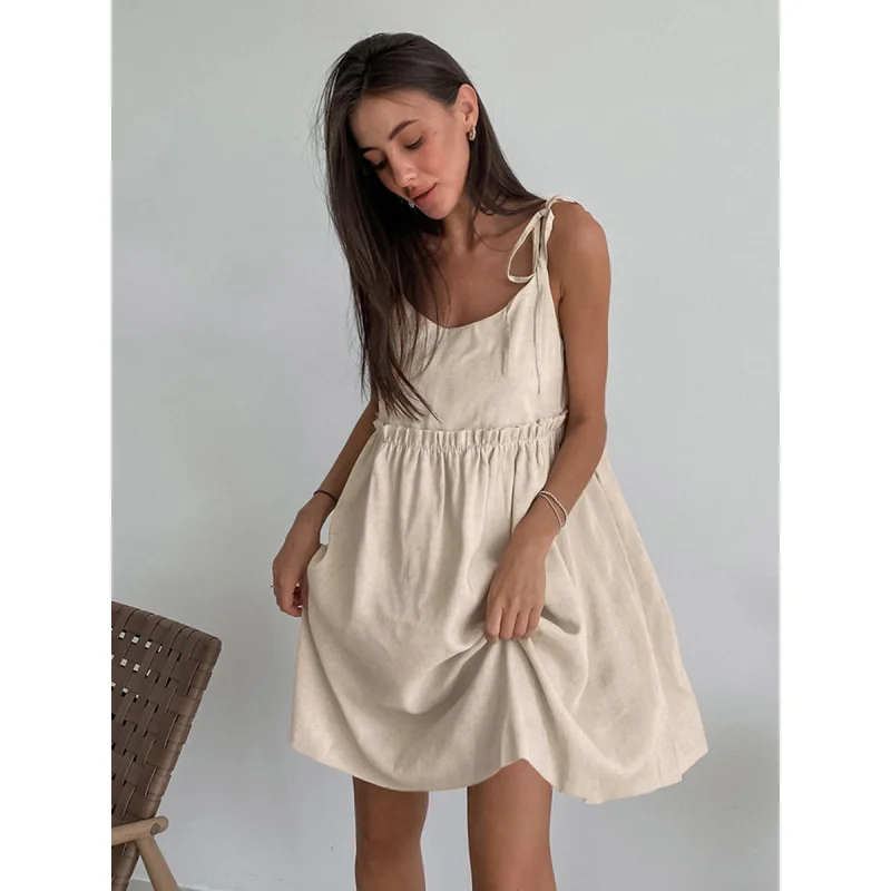 FB-Brown فستان كتان قطن Women2025صيف جديد عطلة نمط فضفاض حزام DressAWord تنورة