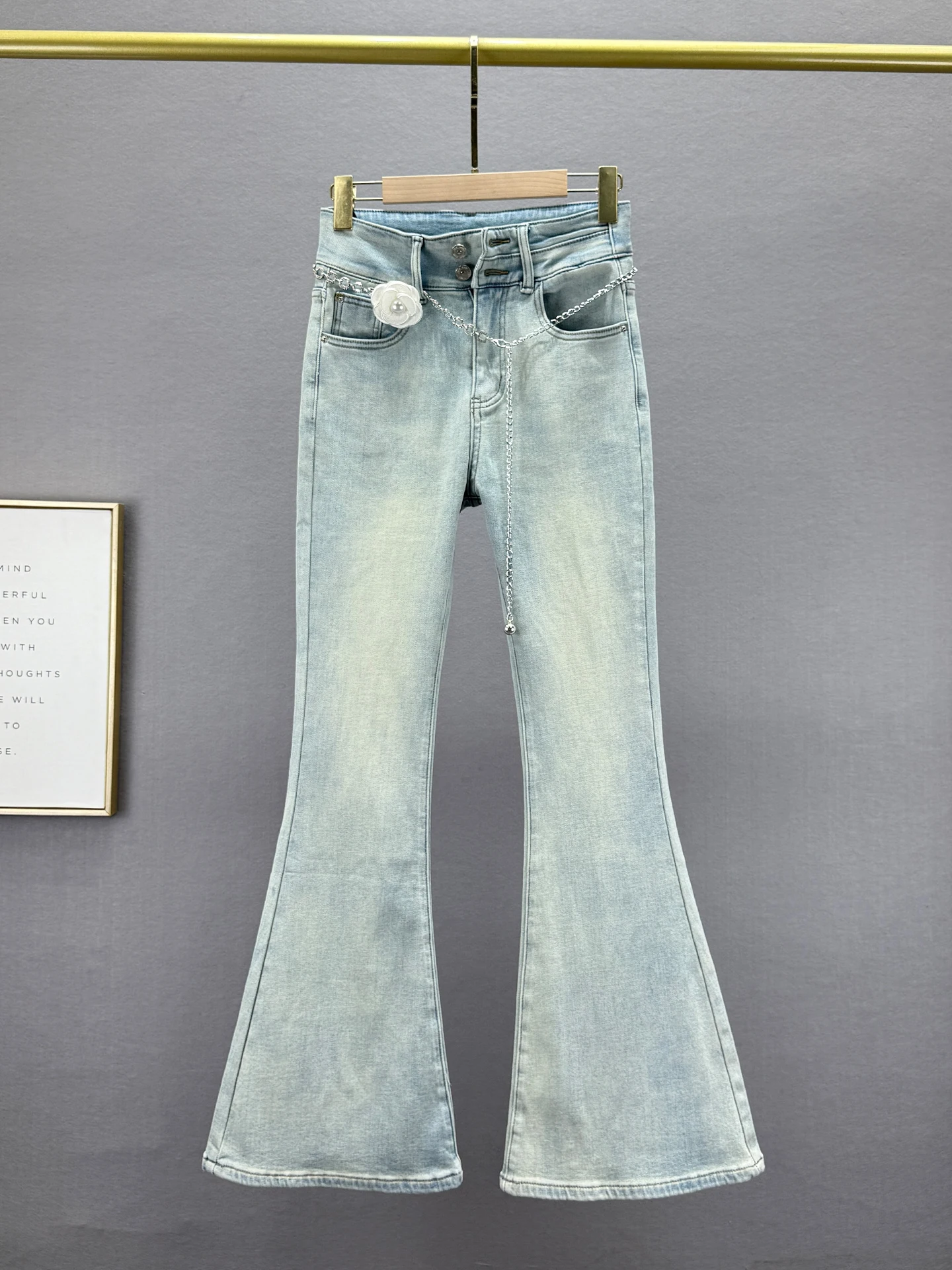 

Женские джинсы-клеш с высокой талией, облегающие, удлиненные, из денима, с цепочкой, весна-осень, модные