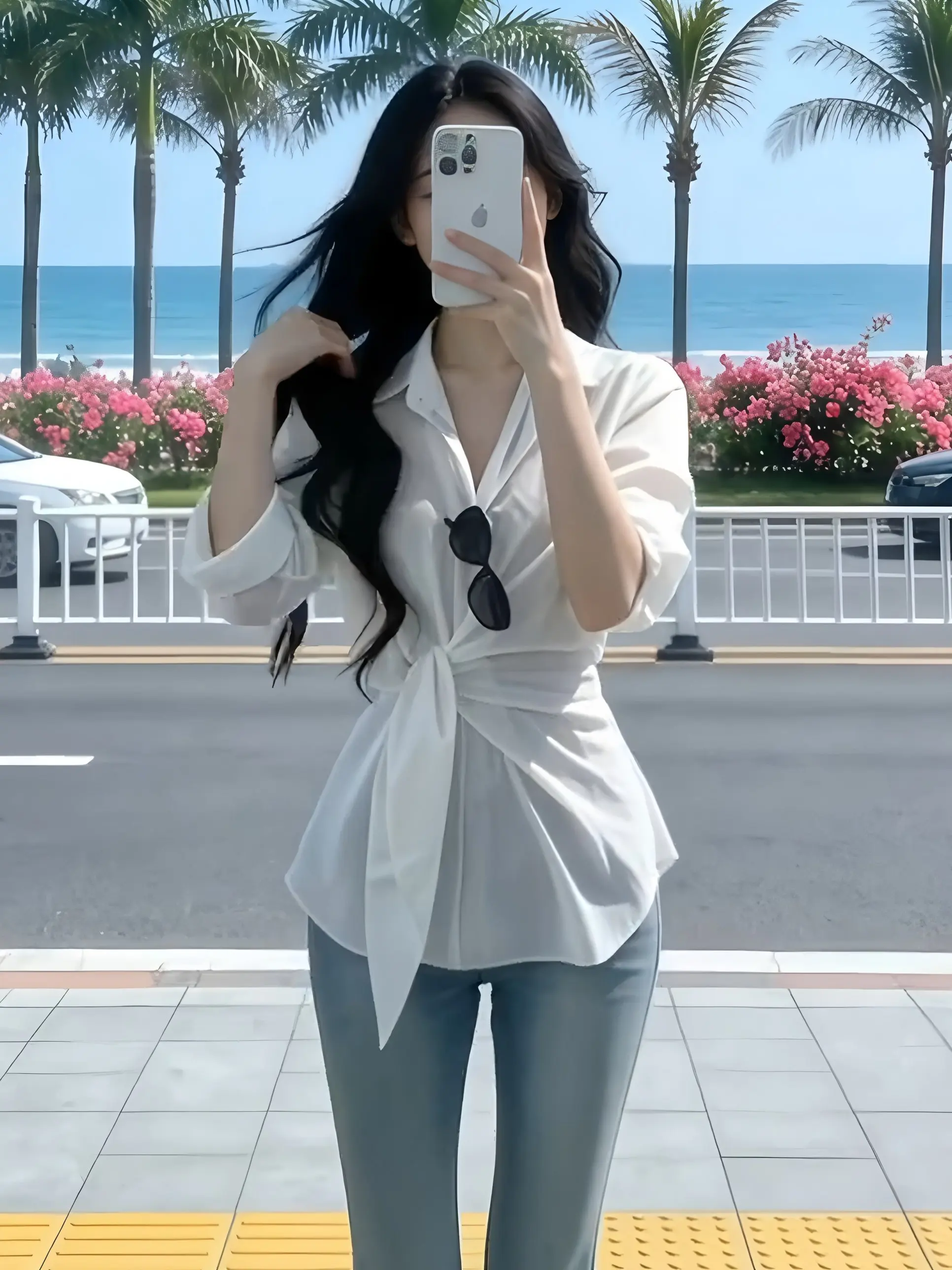 

Elegant White Belted Long Sleeve Shirt Women's Slim Fit Shirt Stand Collar Design Sensation Summer Fashion Sense Top