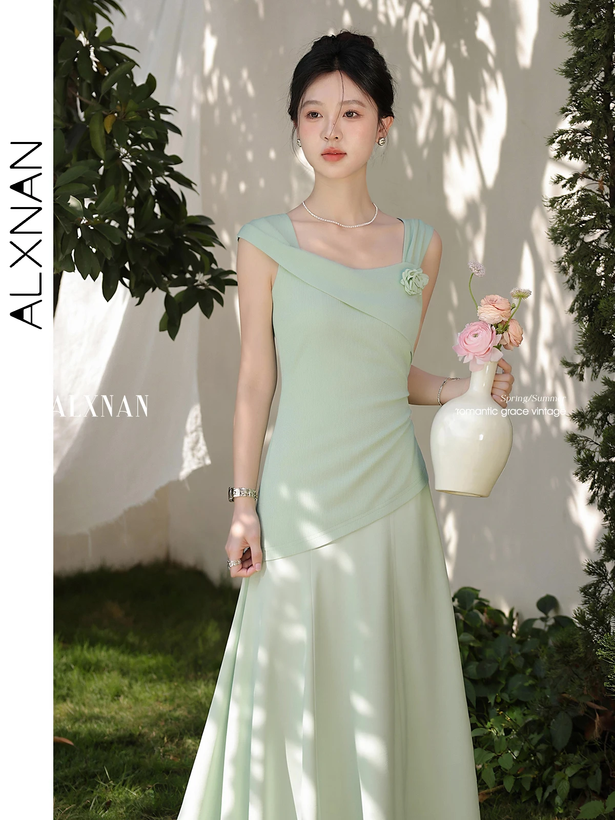 ALXNAN Damska Jasnozielona Sukienka Elegancka Kwadratowy Dekolt Wakacyjna Bez Rękawów Sukienka 2025 Lato Codzienna Impreza Odzież Damska DYL661765