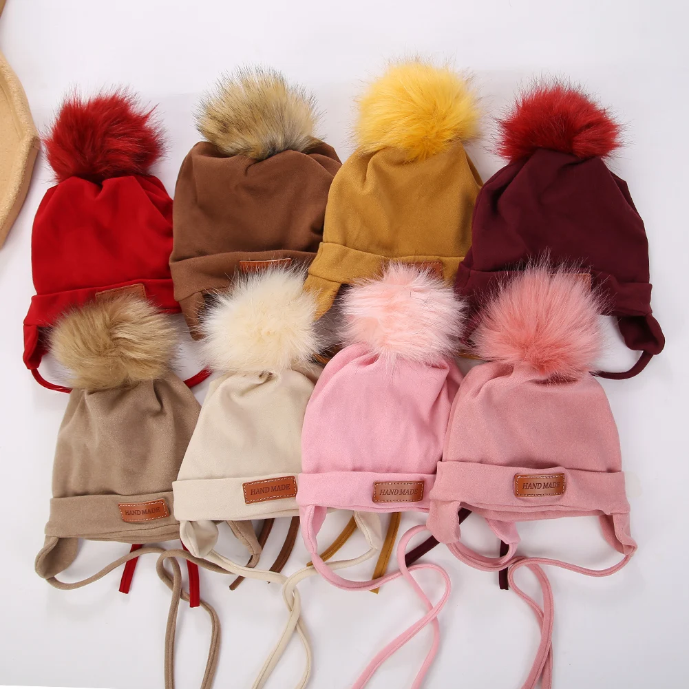 Pompom Soft Earmuffs Baby Turban Hats for Newborn Boys Girls Leather Label Stick Caps Beanies Faux Cashmere Bonnets Headwraps