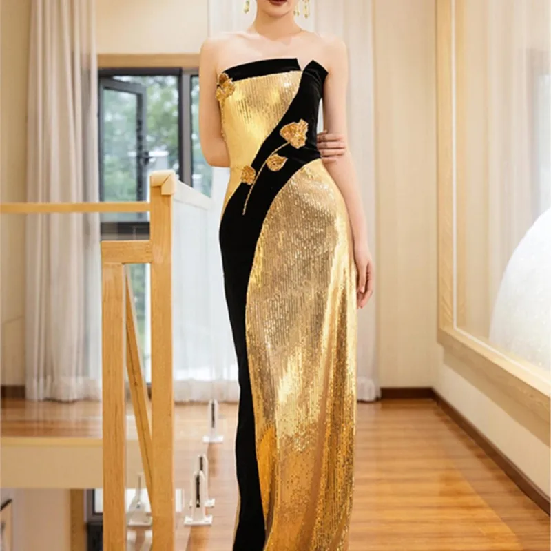 

New Chinese morning gown Toasting Light luxury small minority party strapless dress