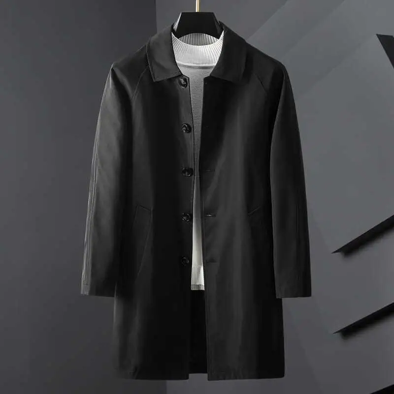 

Black Mid-Length Men's Jacket 2023 Autumn Winter Thin Casual Korean Style Stand Collar Coat Regular Fit Daily Wear Pure Color