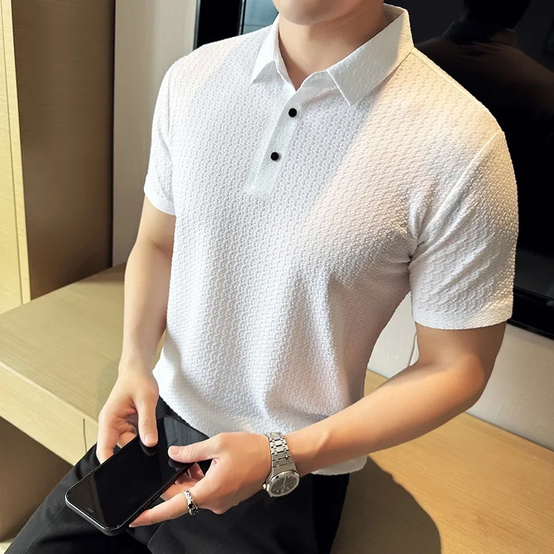 

High-quality Ice Silk Traceless Polo Shirt Summer Waffler Slim Fit Casual Business Formal POLO T-shirts Social Lapel Tee Tops