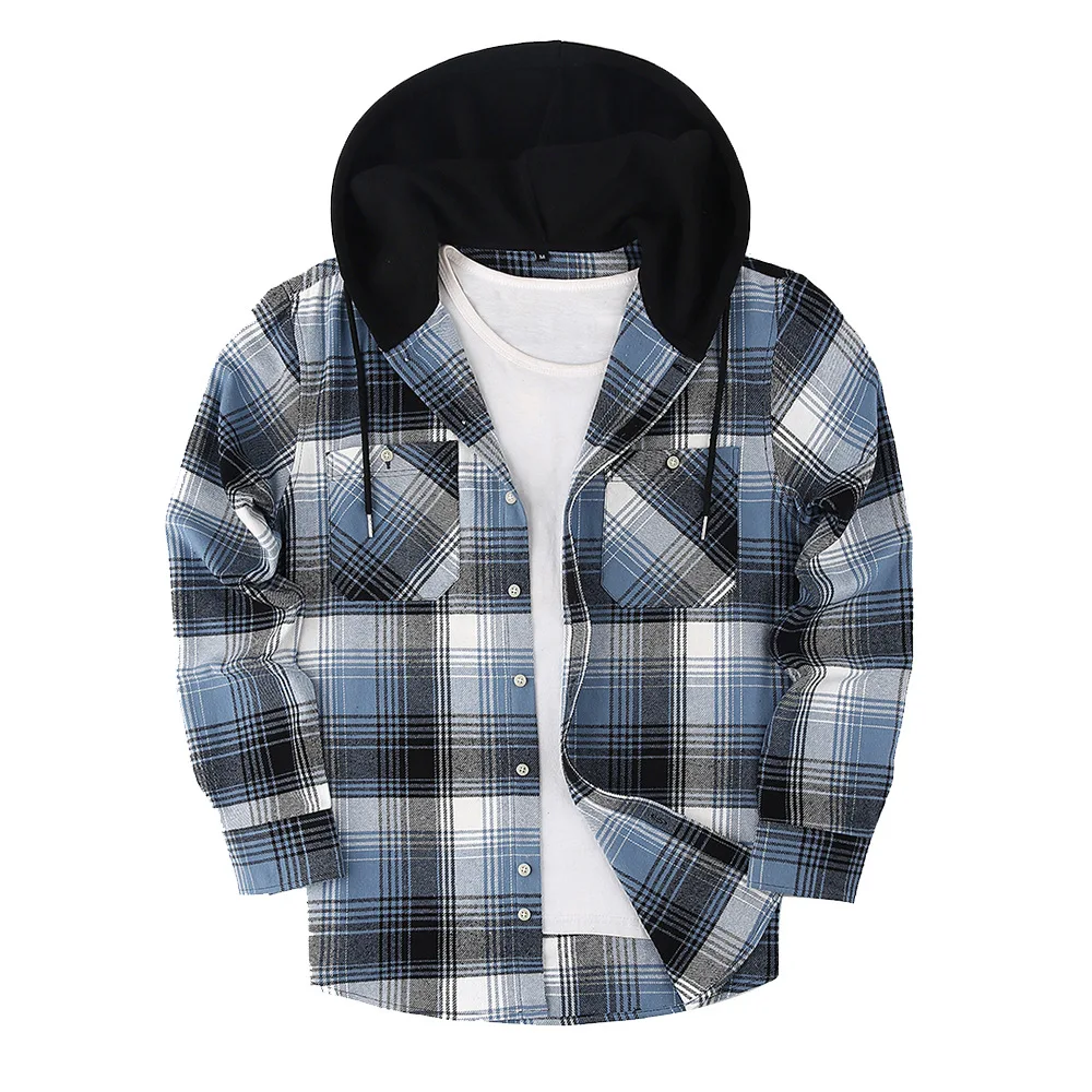 2024 Spring New Contrast Plaid Casual Shirts Loose Casual Flannel Long Sleeve Hooded Plaid Shirt Men's High Quality