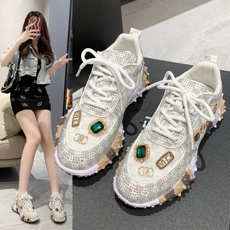 

Высококачественные женские спортивные туфли с толстой подошвой, стразами, модные, легкие, удобные, нескользящие, дышащие