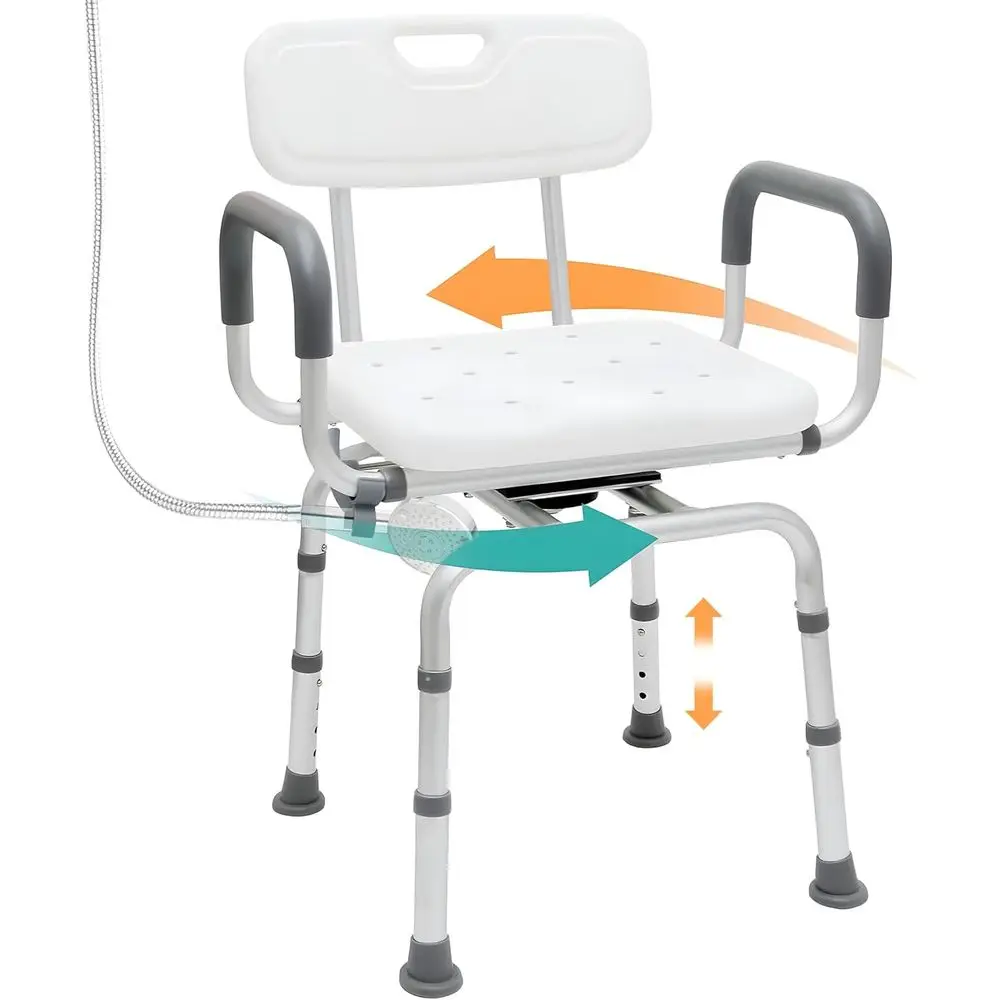 

Adjustable Height Swivel Shower Chair with Armrests and Back Support - Portable Seat for Bathing (White)