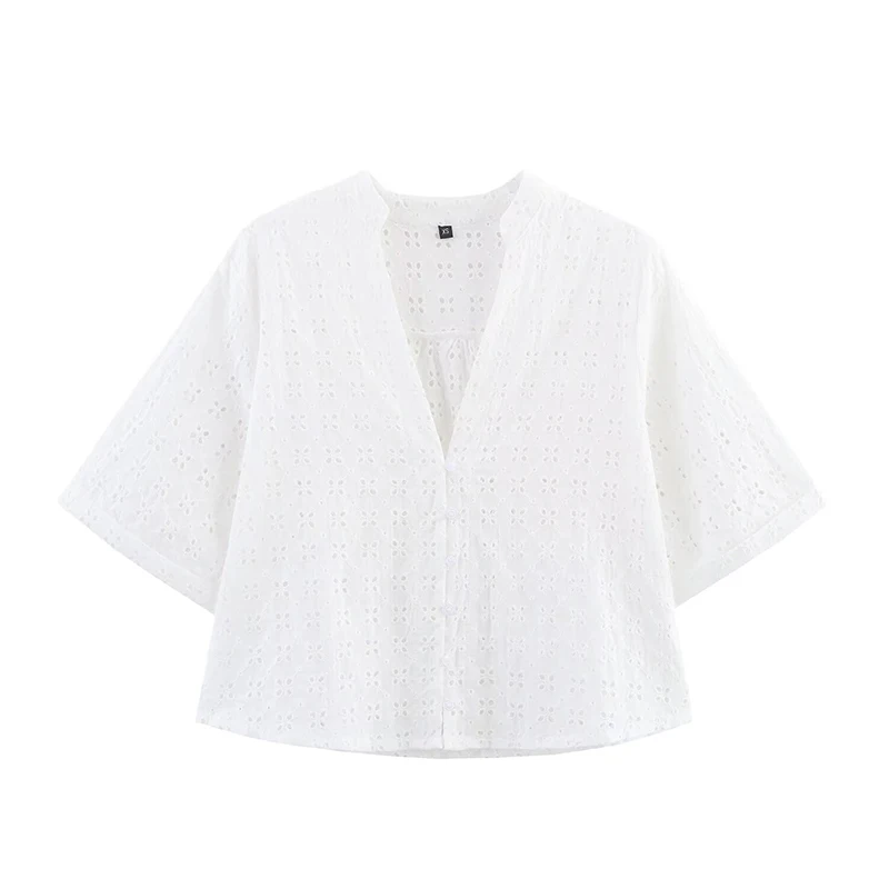 

YENKYE 2025 Women Hollow Out Embroidery White Crop Shirt Front Button V Neck Short Sleeve Blouse Female Summer Tops