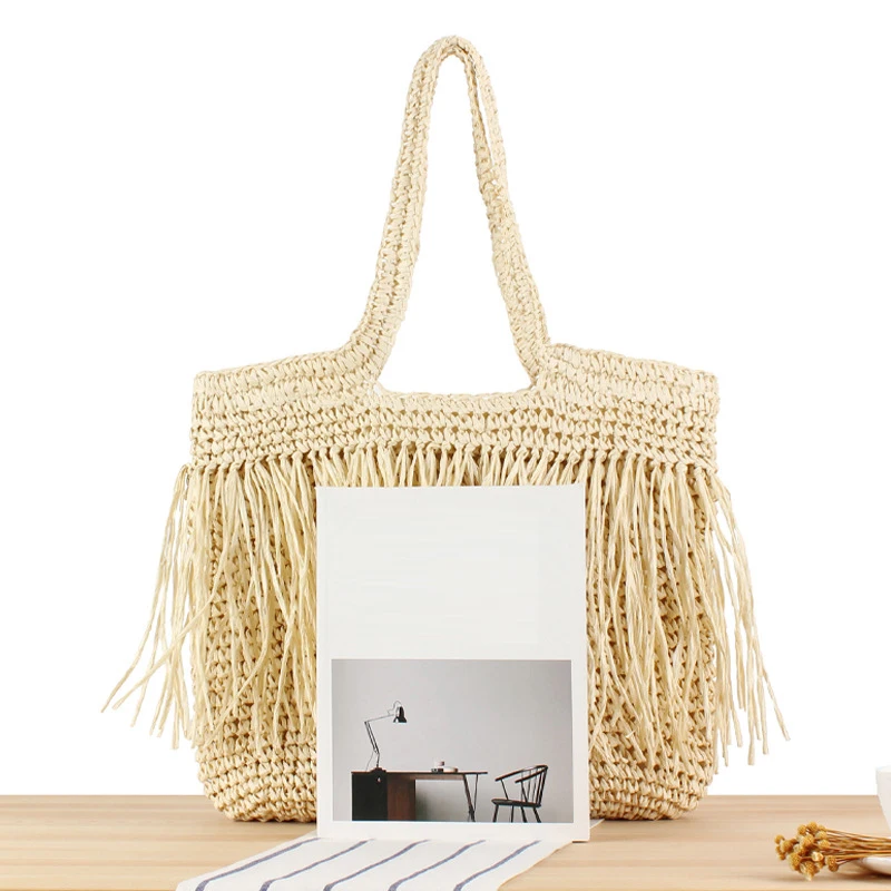 Straw Shoulder Bags Woven Solid Straw Female Tote Bag Designer Luxury Handmade Fashion Holiday Casual Top-Handle Bag Beach Purse