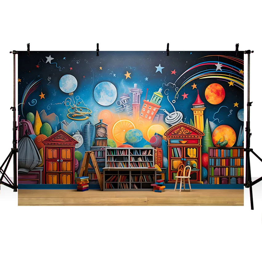 Mehofond Photography Background Welcome Back To School Space Star Student Birthday Party Bookselves Book Backdrop Photo Studio