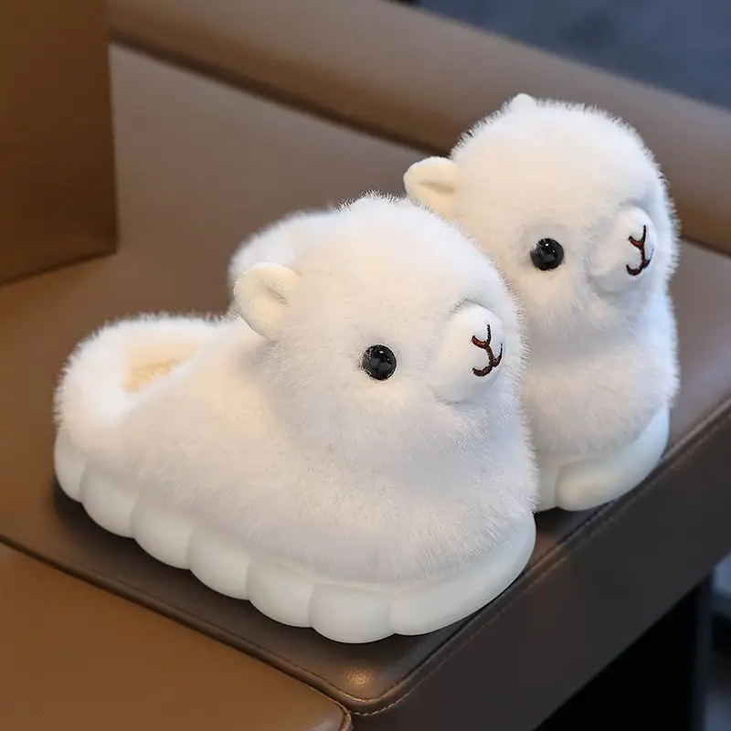 Kawaii new white fluffy alpaca slippers children's winter home shoes fur slides toddlers warm furry slipper teen animal loafers