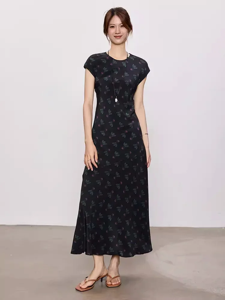 100% Heavy Silk Dresses 2024 Women Bias-Cut Slim-Fitting New Dress Summer Elegant Women Clothing Mulberry Silk Print Black Dress