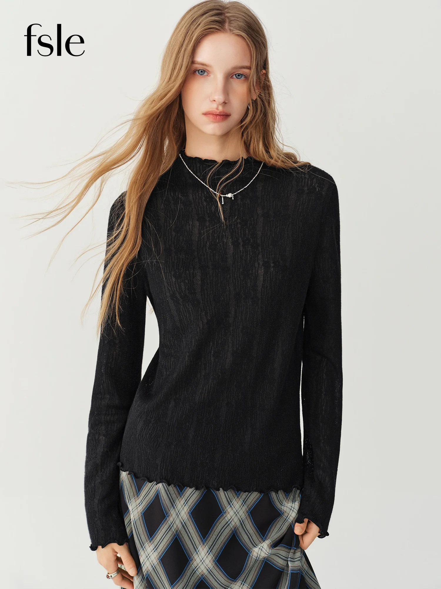 FSLE Women's Blue Faux Two‑Piece Retro Wool Knit Cardigan 2026 Winter New Polo Collar Long‑Sleeve Chic Versatile Ladies Knit Top
