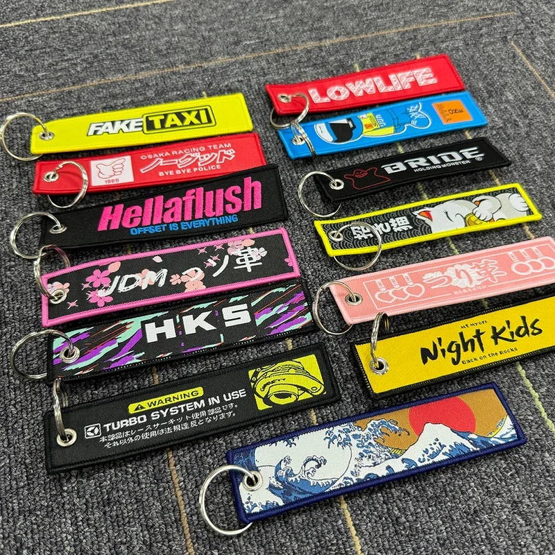 JDM Culture Fabric Double Logo Embroidery Car Auto Keychain Keyring Personality Fashion Cloth Key Ring Chain Tag Accessories