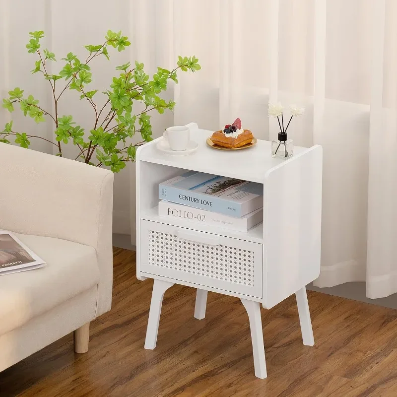 

Rattan Nightstand, Side Table with Drawer Open Shelf, Cane Accent Bedside End Table Solid Wood Legs