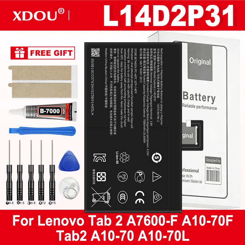 100% nueva batería de 7000mAh L14D2P31 para Lenovo Tab 2 A7600-F A10-70F Tab2 A10-70 A10-70L