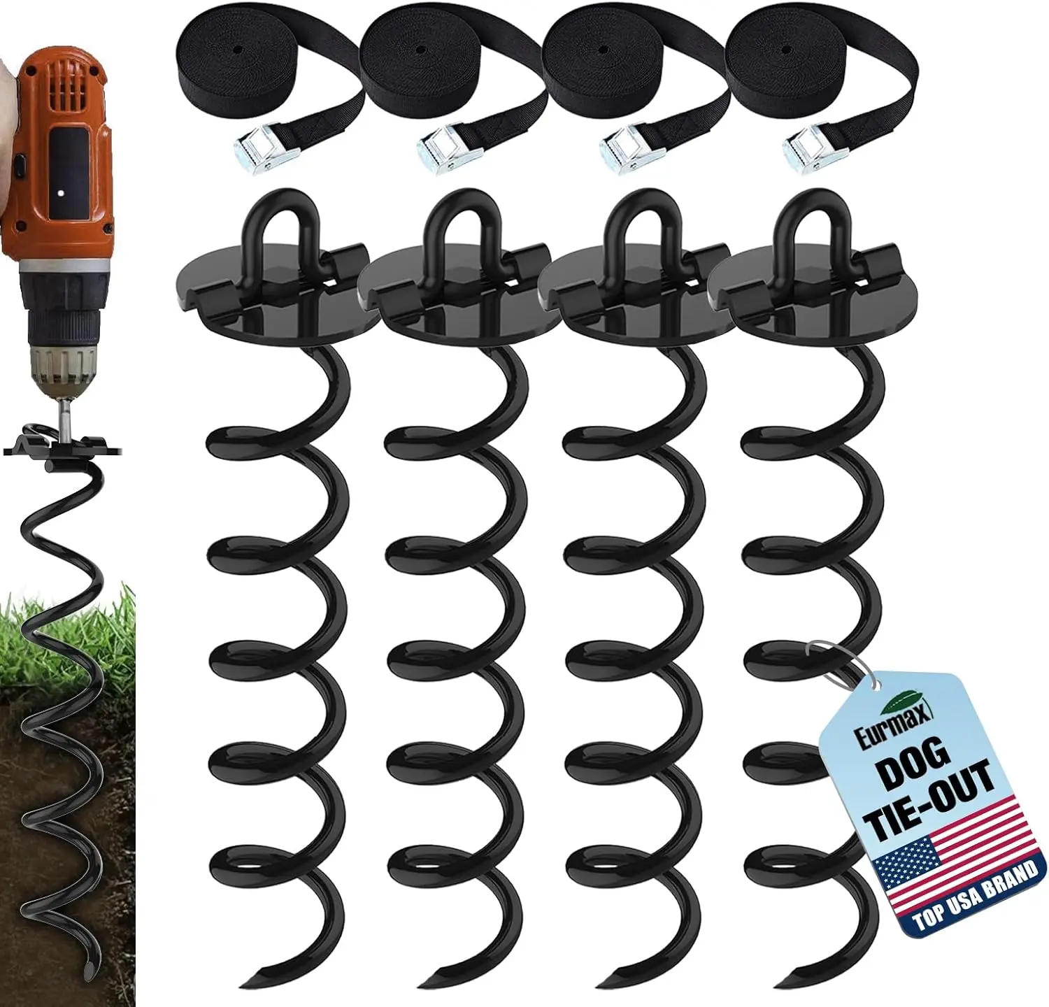 

USA 4-Pc Pack Spiral Stakes Heavy Duty Anchor Kit Ice Screw Anchor for Trampoline, Tents, tarps, Canopies,car Ports,Dog t