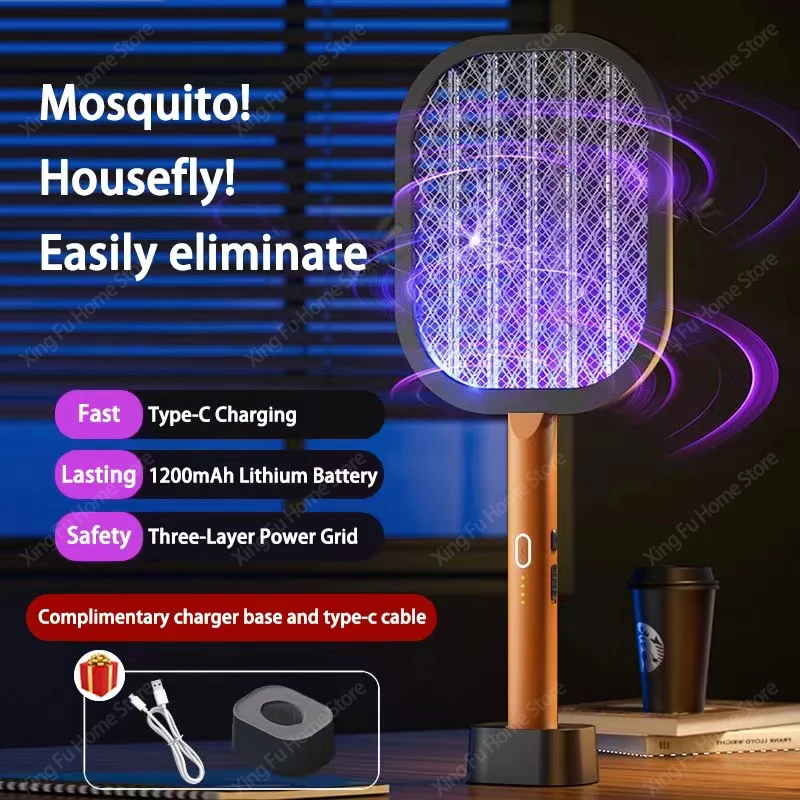 Matamoscas eléctrico mejorado, raqueta recargable por USB, lámpara antimosquitos, matamoscas con batería de litio con Base