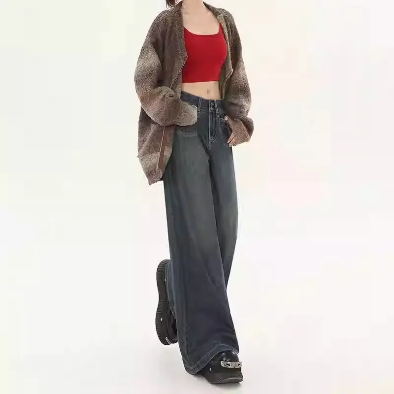 Jeans a gamba larga vintage a vita alta blu scuro da donna inizio autunno drappeggiato dimagrante design incrociato versatile pantaloni larghi fino al pavimento