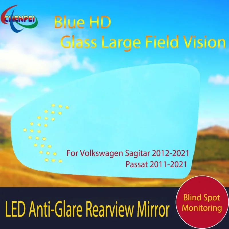 

Large View Blue Mirror Anti-Glare Electrically Heated Rearview Mirror With LED Turn Indicator For VW Sagitar Passat 2011-2021