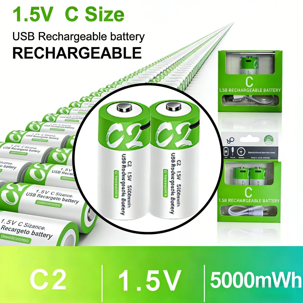 C Size LR14 Li-po Rechargeable Battery 1.5V 5000mWh Type-C Ultra-Fast Charging for Flashlight Gas Cooker Electronic Piano Radios