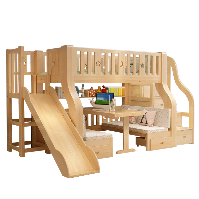 

Children Furniture 2 Floor Wooden Child Bunk Bed With Slide For Kids Bedroom Set