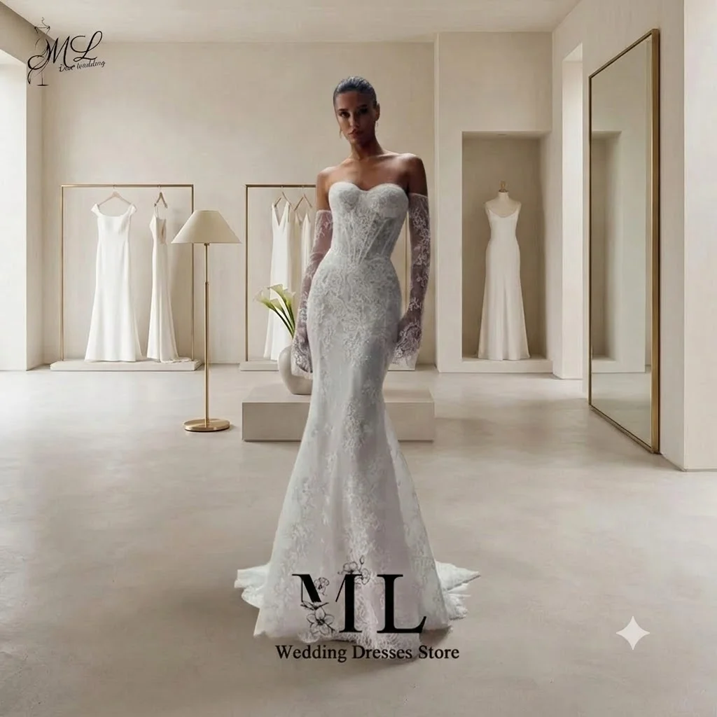 ML Delicate Lace Mermaid Wedding Dress Strapless Sweetheart Button Back Bodice Court Train Sheer Sleeves Bridal Gowns Customied